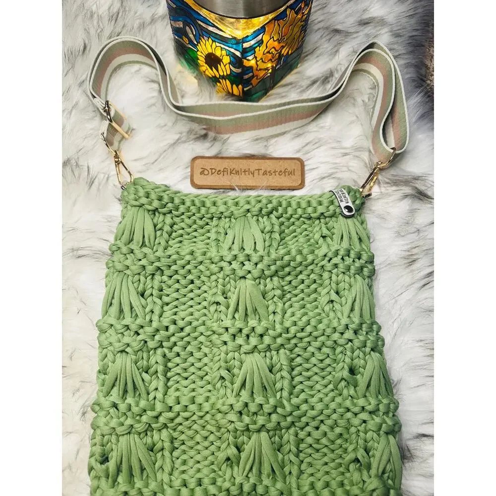Hand Knit Avocado Green Crossbody Bag: T-Shirt Yarn Purse with Guitar Strap